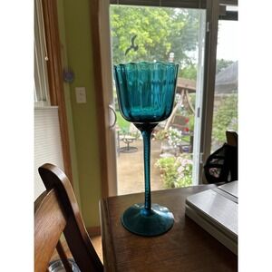Empoli Italian Glass Ribbed Optic 13" Stem Aquamarine Tall‎ Snifter Goblet Vase